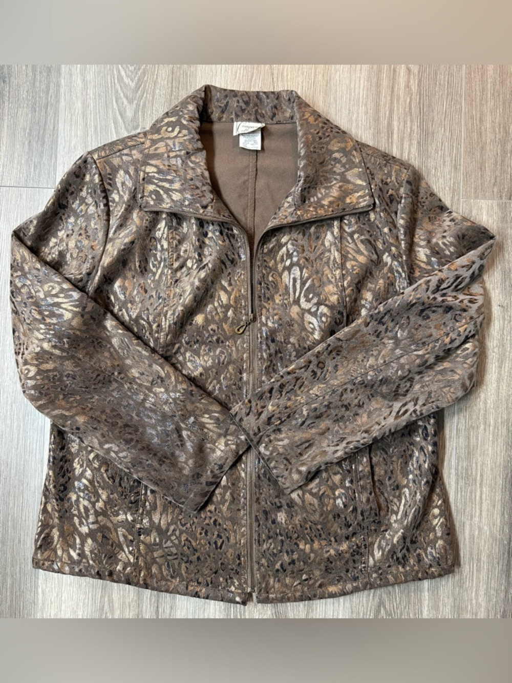 Vintage Metallic Leopard Print Zip Up Jacket Bronze Gold Boho Y2K Glam Size 12